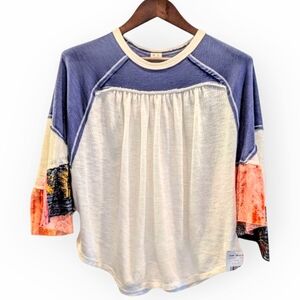 Free People NWT Size XS, Batwing Boho Patchwork Batik Trim Top